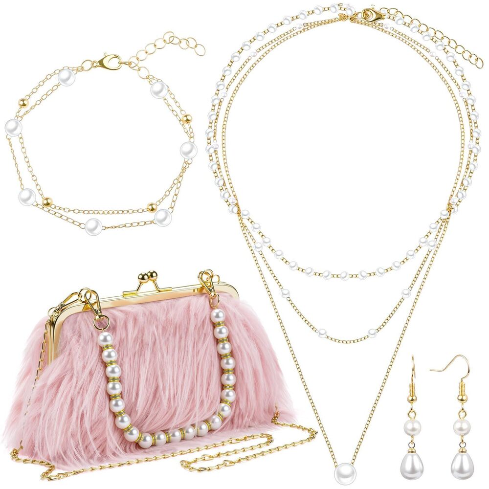 9773 4 Pcs Evening Clutch Pearl Purses Jewelry Sets Clutch Bag Pearl